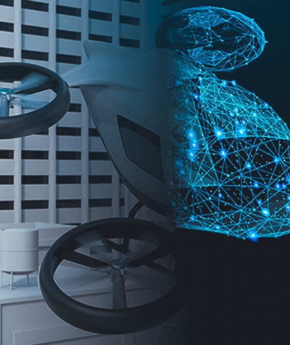 Um drone de decolagem e aterrissagem vertical elétrico (eVTOL) semidigital e semirreal