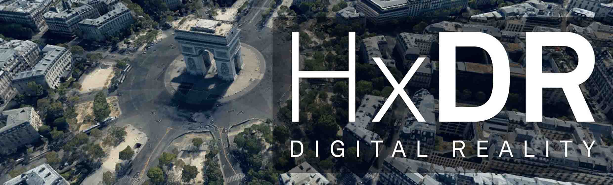 Luftaufnahme über dem Arc de Triomphe in Paris, Frankreich, mit dem Text „HxDR Digital Reality“