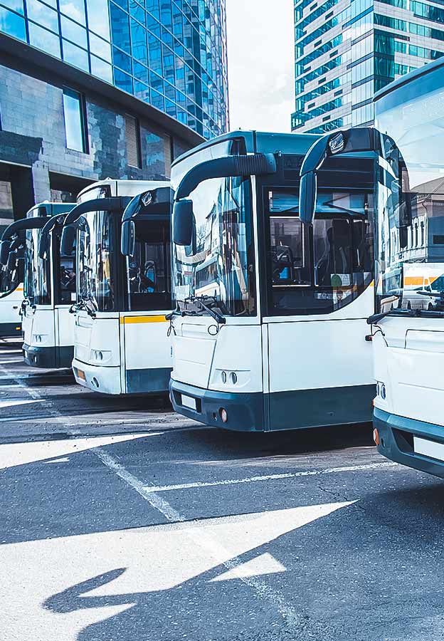 Autobuses alineados en un aparcamiento urbano
