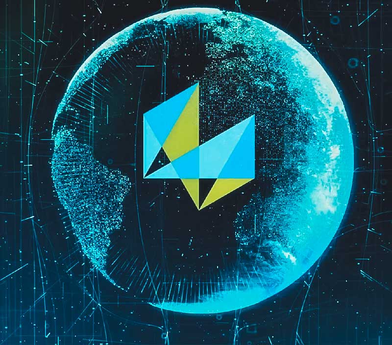 Das Hexagon-Logo überlagert ein blaues Bild der Erde