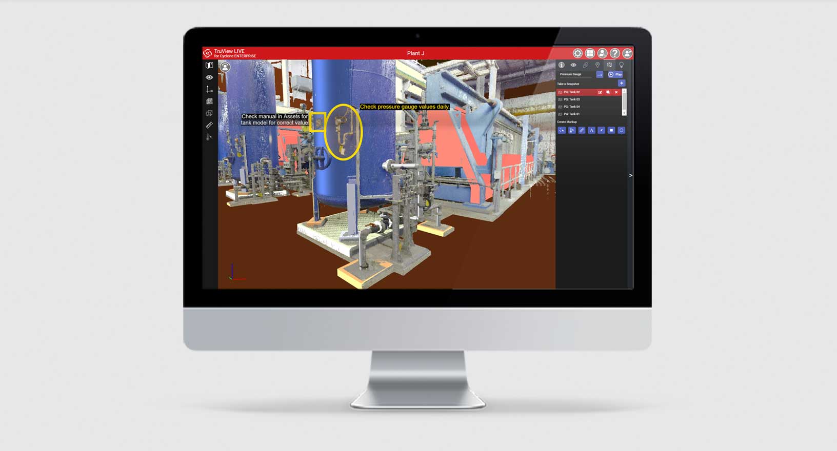 3D-Modell von Rohren in einer großen Anlage, das online mit einer Browser-Software zur Umgebungserfassung angezeigt wird 