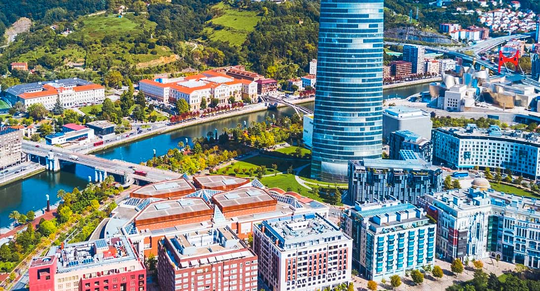 Aerial look over the beautiful cityscape of Bilbao, Spain