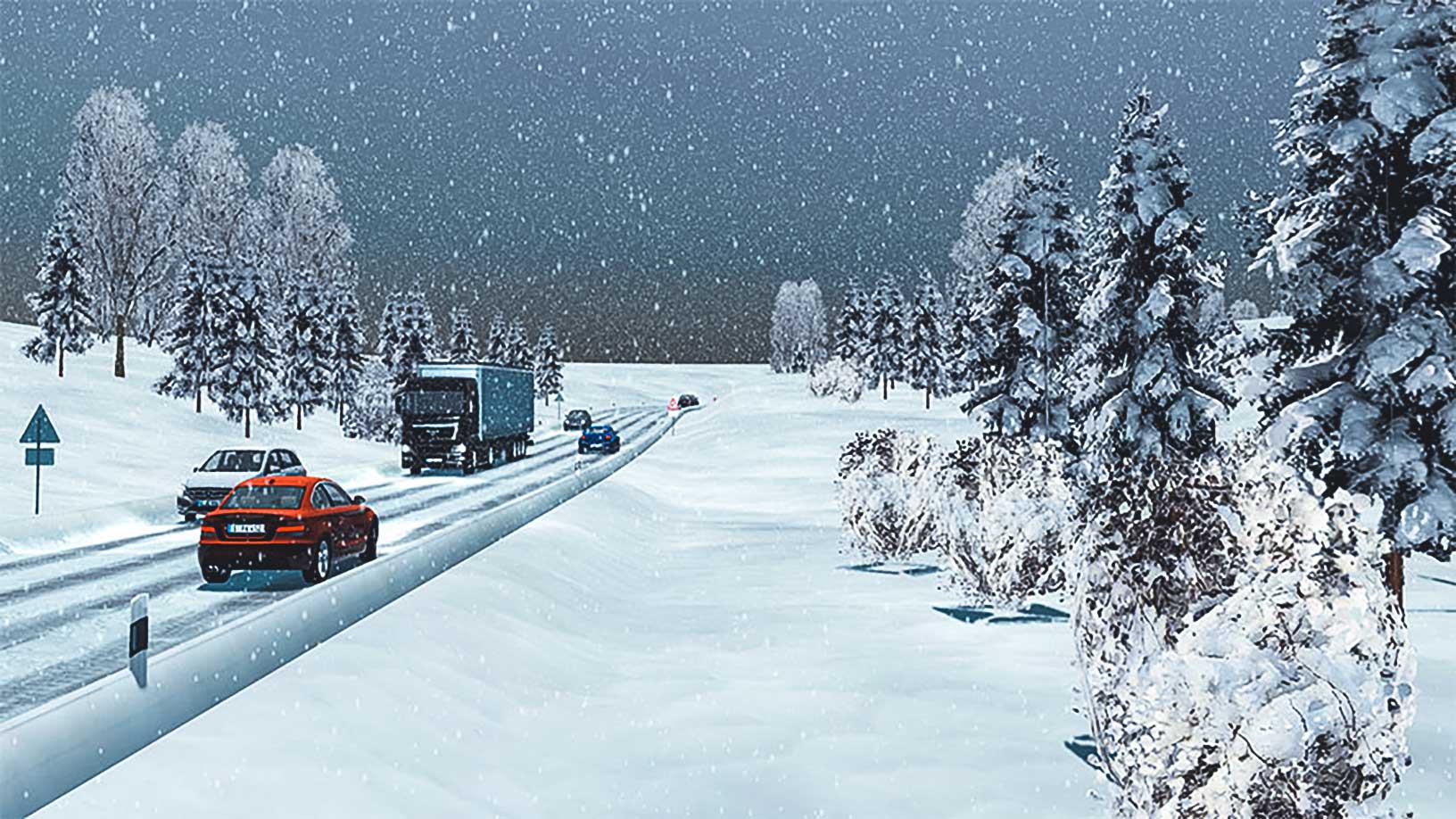 Simulazione di veicoli che guidano in condizioni di freddo e neve 