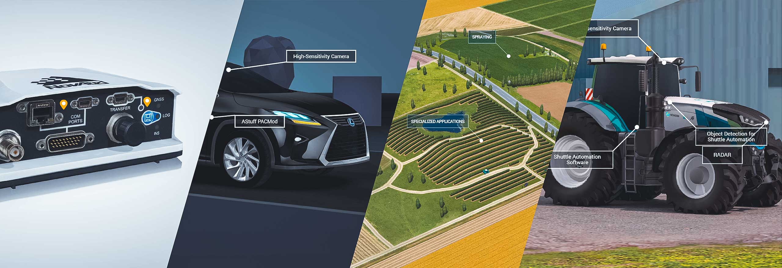 Images from the interactive 3D app show the Lexus car, PwrPak7, agriculture scene and a tractor on a blue background.
