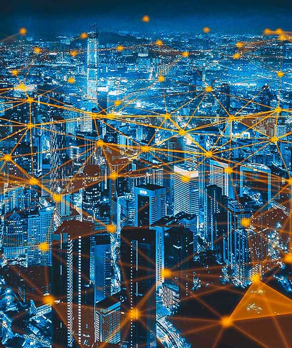 Stilisiertes Bild mit Verbindungslinien und Vektoren, die die Smart City der Zukunft repräsentieren
