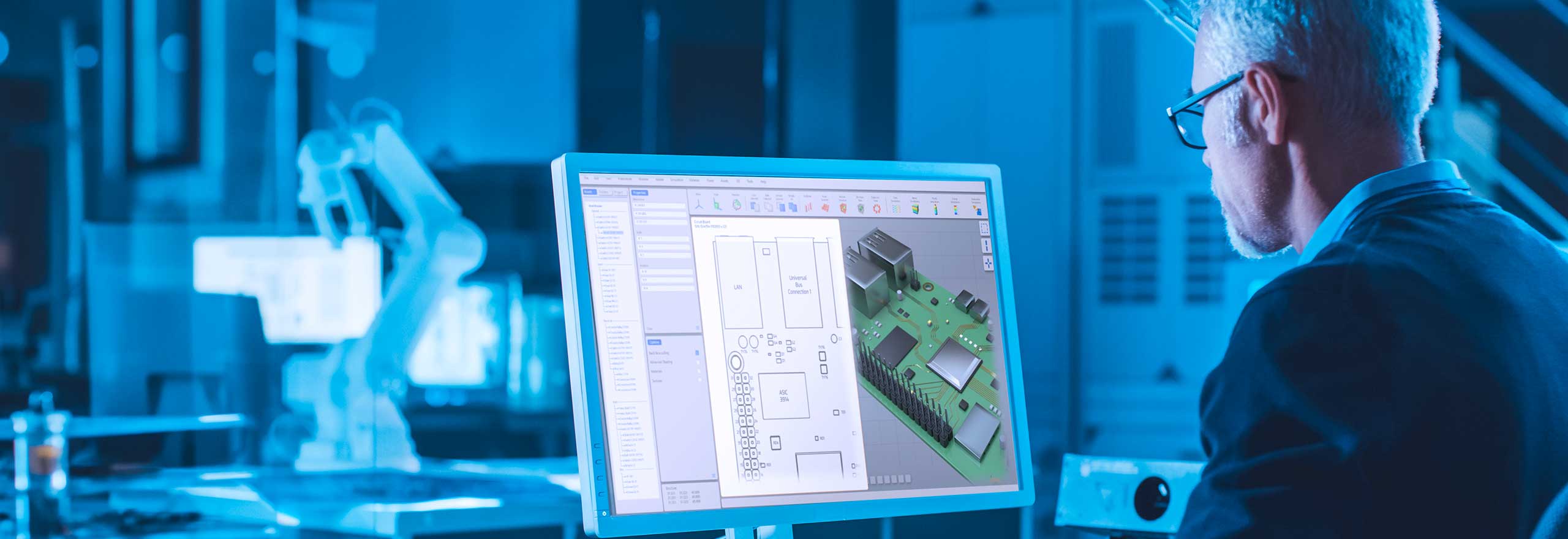 コンピューターで作業するエンジニアは CAD ソフトウェアを使用して、プリント基板（PCB）を設計します