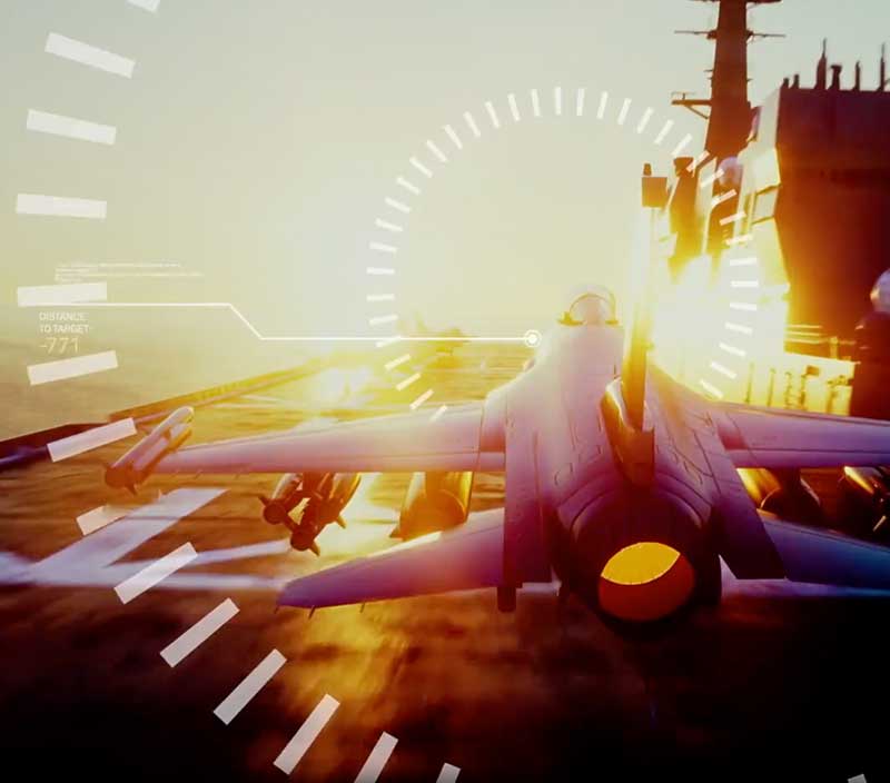 Stilisiertes Bild eines Militärjets auf dem Deck eines Flugzeugträgers, der der Sonne zugewandt ist und eine Vielzahl von Positionierungs-, Navigations- und Verteidigungstechnologien einsetzt.