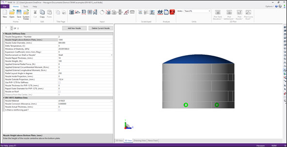 Software interface showing a 3D model of a cylindrical tank with a blue top and design data.