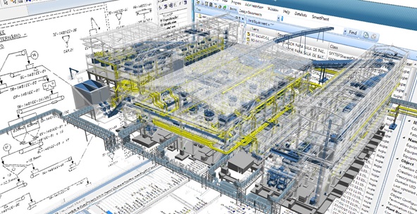 3D industrial model with technical schematics in the background.