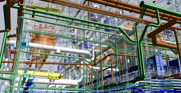Intricate 3D model of an industrial plant with colorful pipes.