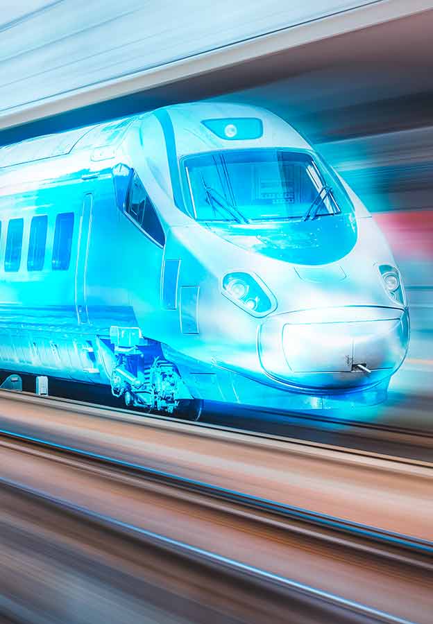 Stylized image of a bullet train rolling down the tracks