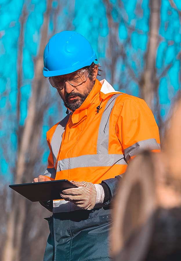 Technicien forestier utilisant une tablette numérique dans la forêt