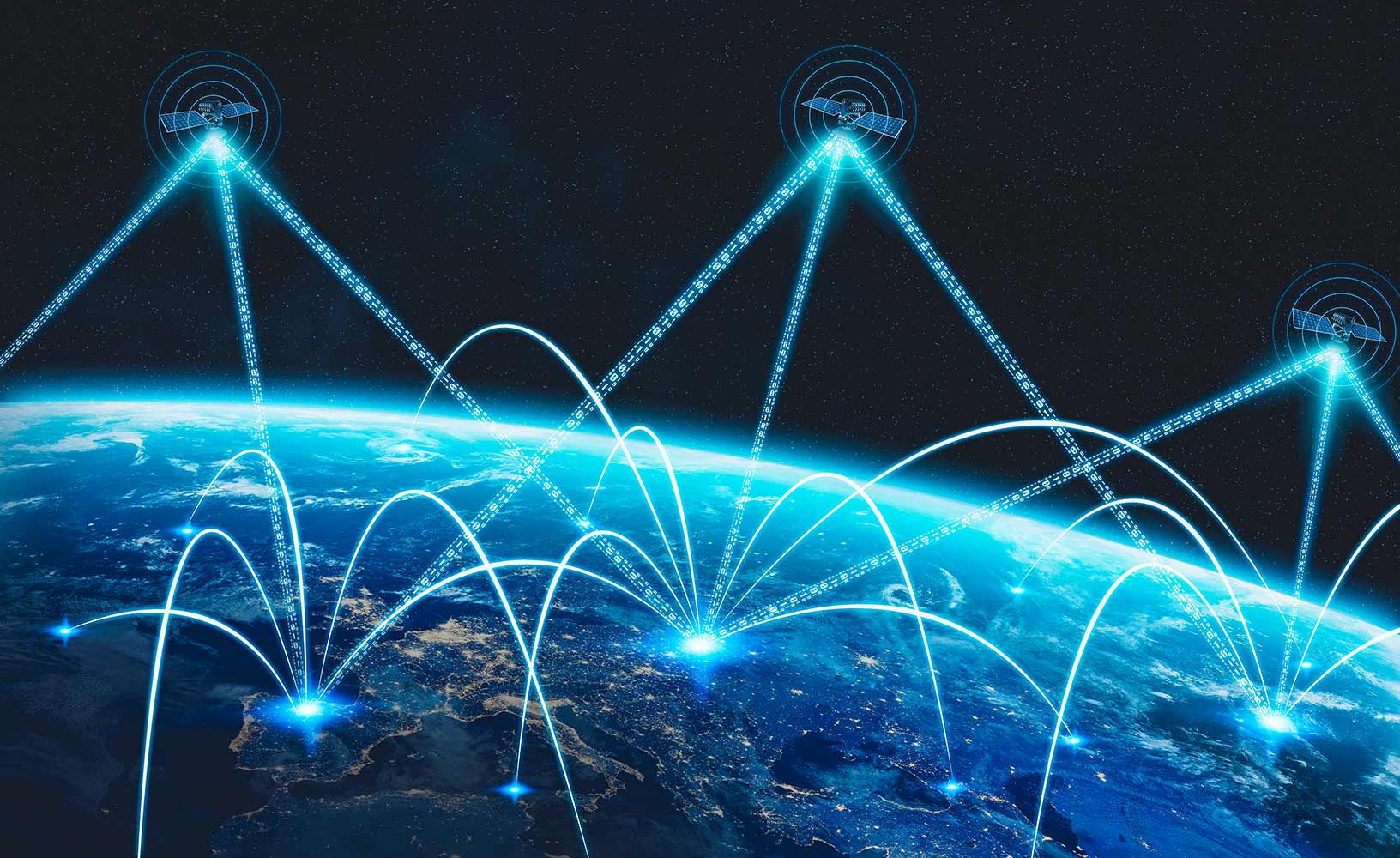 Une constellation de satellites GNSS diffusant leurs signaux vers la terre pour le calcul du positionnement, de la navigation et du timing dans le monde entier.