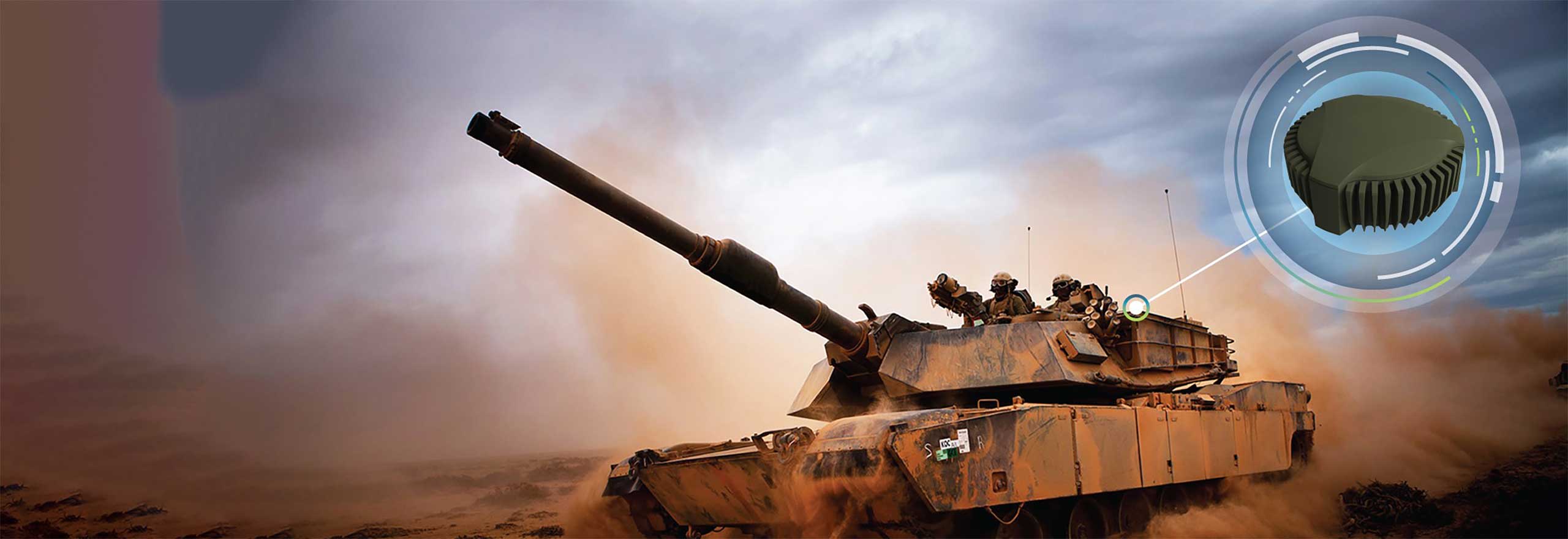 An Abrams tank charging forward with the GAJT-710ML providing anti-jam protection.