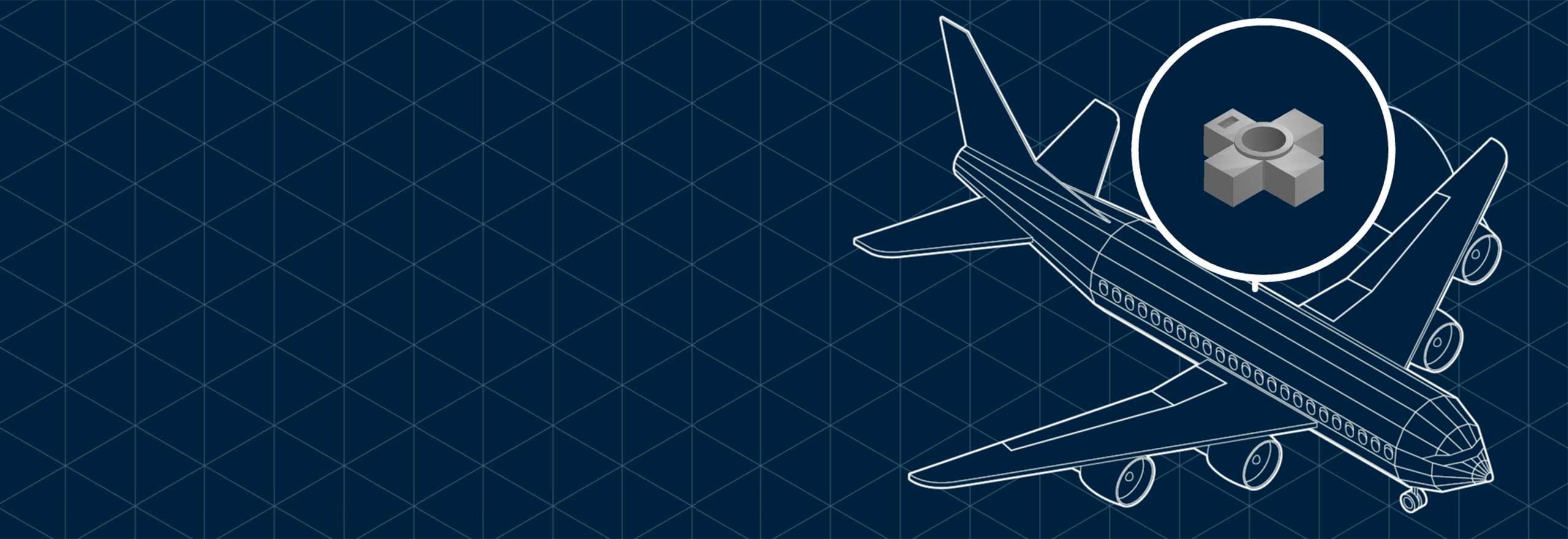 積層造形における部品のリバースエンジニアリングを図示する、青地に三角形の飛行機図面。