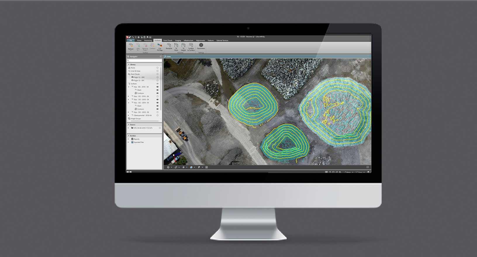 visão aérea de reservas de materiais de rochas armazenadas medidas no software Leica Infinity