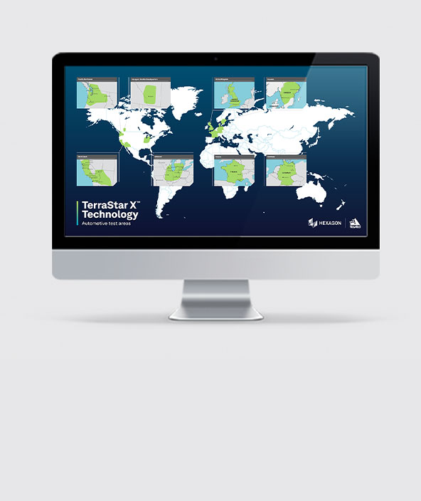 Um infográfico mostrando onde no mundo existem bancos de ensaio da tecnologia TerraStar X para aplicações automotivas.