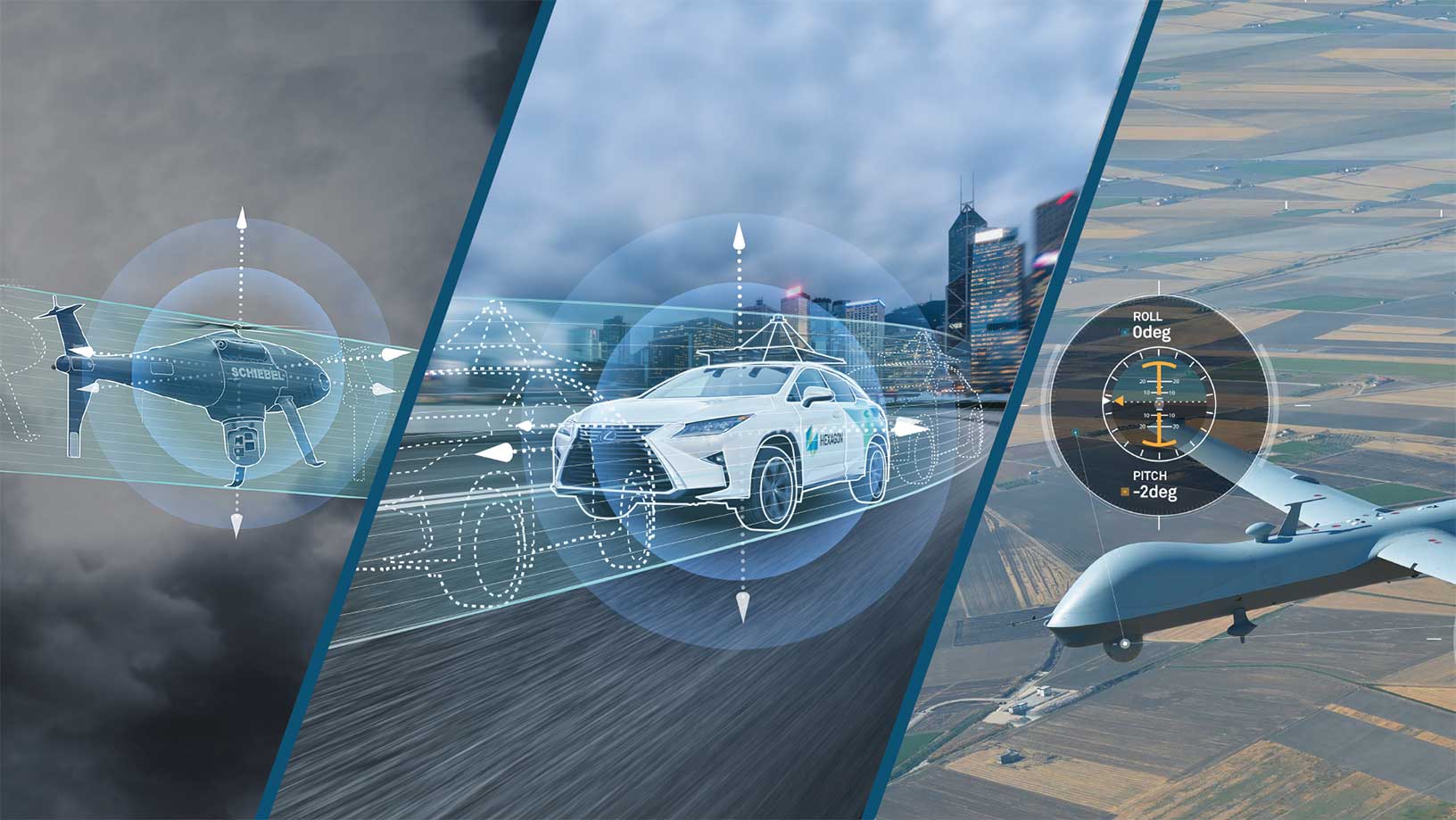 A banner featuring autonomous technologies within an unmanned aerial vehicle (UAV), a self-driving car and a large surveillance drone.
