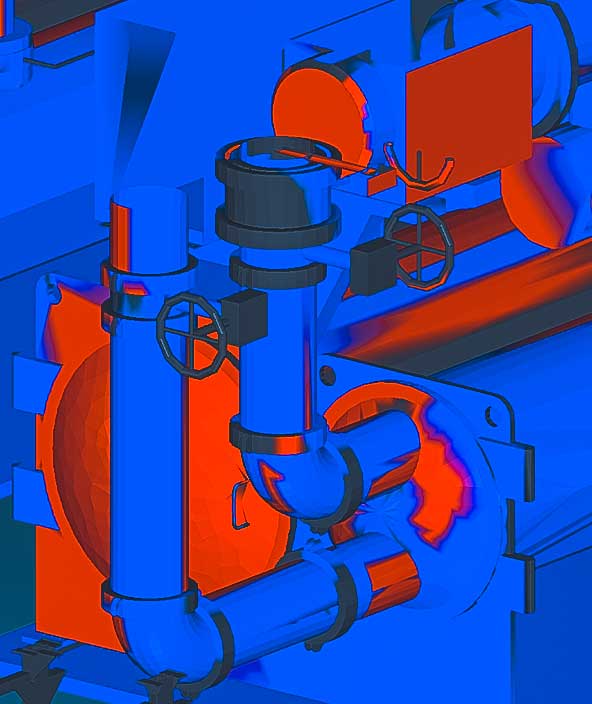 Imagens do Leica Cyclone 3DR mostrando tubos vermelhos e azuis