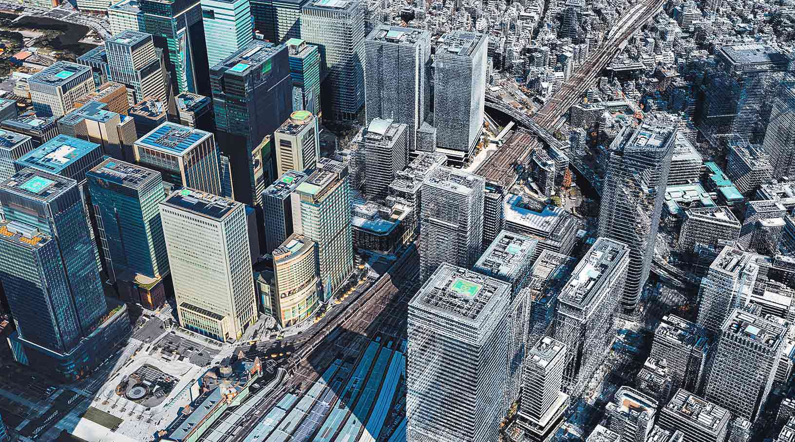 vista aérea de una gran ciudad reconstruida digitalmente