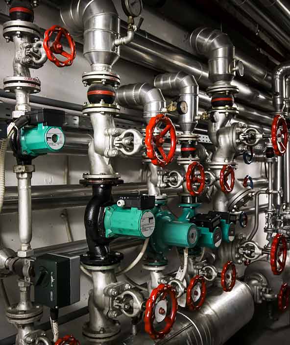 A complex system of pipes and valves. 