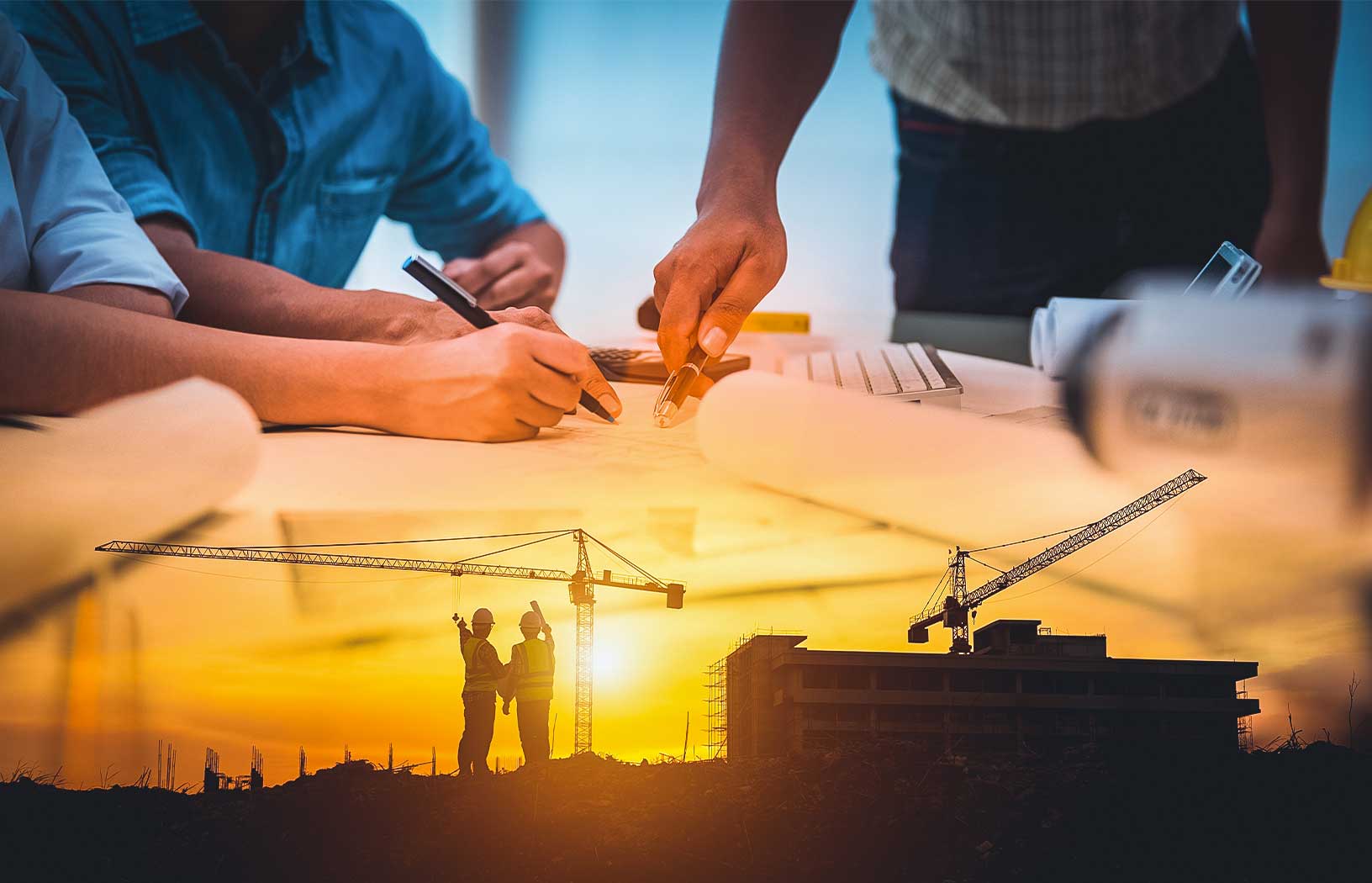 Double exposure of project management team and construction site with tower crane background