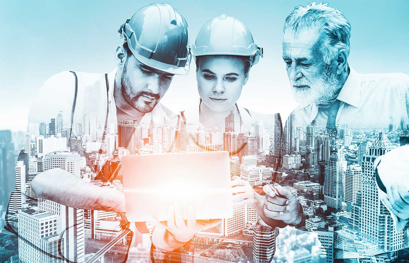 An image of three construction workers looking at a laptop superimposed over an image of a city landscape.