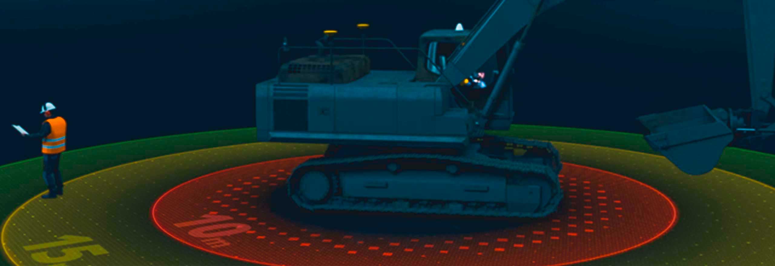 A surveyor is standing on the safety zones that the machine operator has defined in the panel 