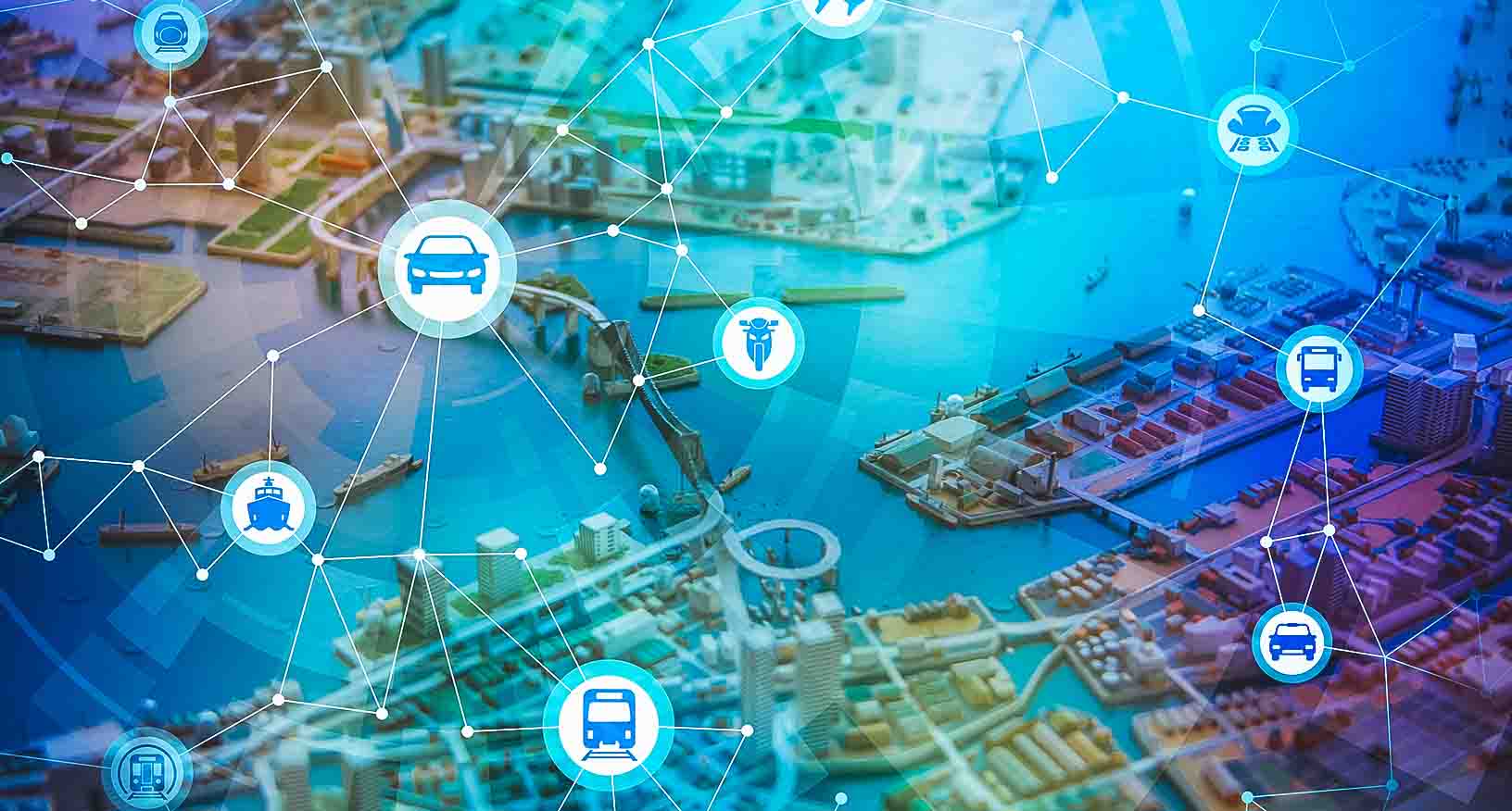 Rede de transporte digital sobreposta em imagem de município