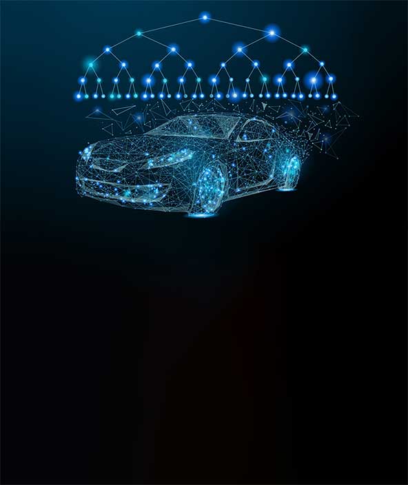 Ein digitalisiertes Modell eines Autos mit einem Verbindungsbaumdiagramm darüber