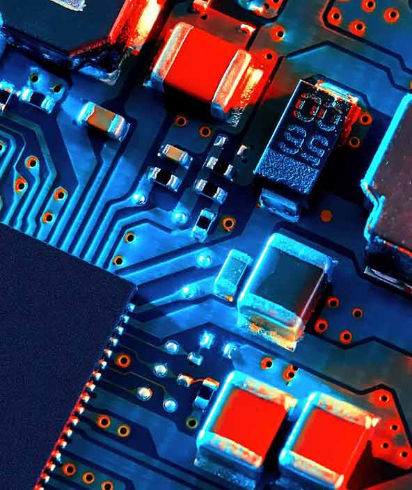 Close up view of an electronic printed circuit board (PCB)