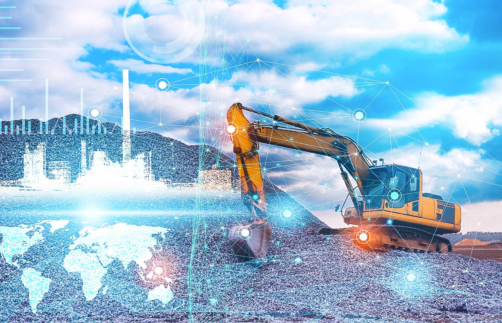 An excavator onsite digging into a mound of dirt. The image is overlayed with digital elements that represent analytics.
