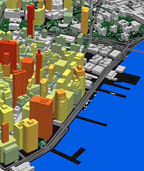 Gebäude und Vegetation überlagern eine Karte von New York 