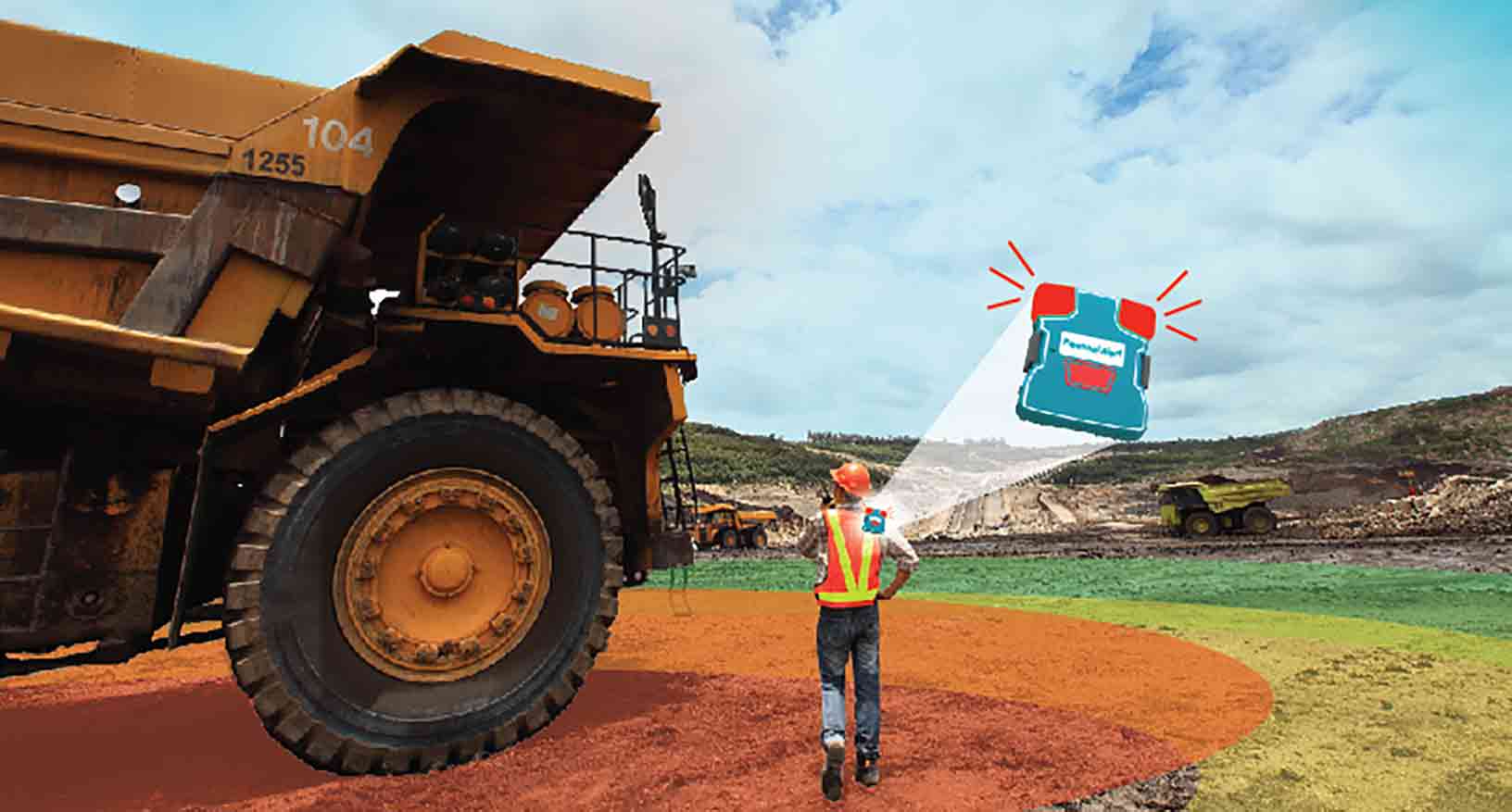 worker walking towards haul truck with a graphic icon displaying an element of Hexagon's mine safety program 