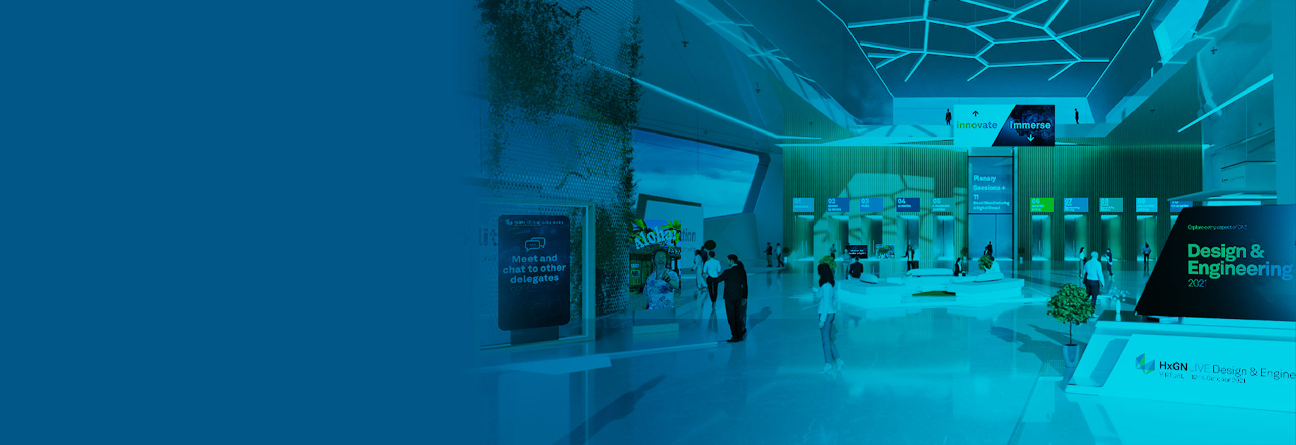 Imagen del pabellón del evento virtual de HxGN LIVE Design & Engineering 2021 que muestra múltiples puertas y pantallas