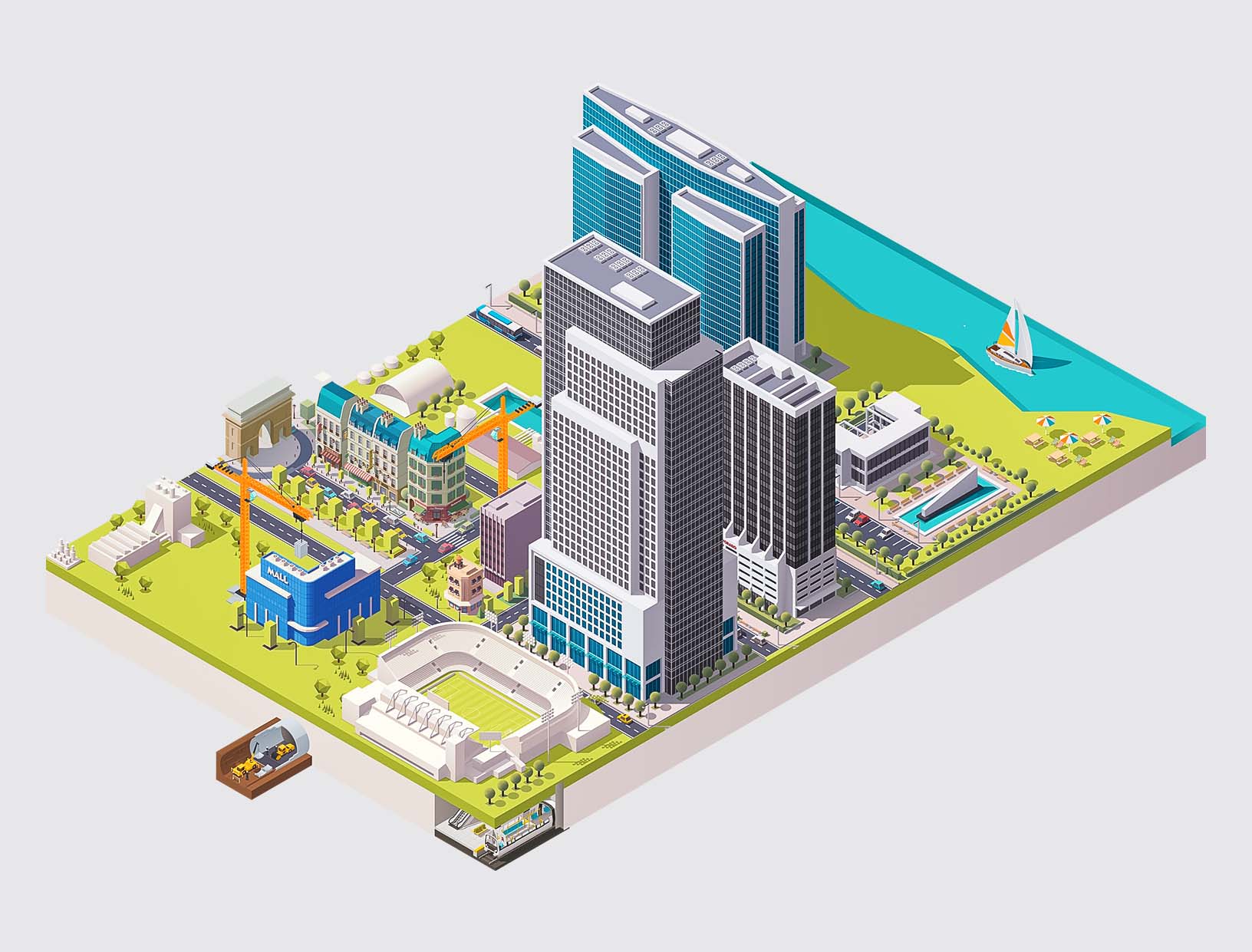Darstellung eines Stadtgebiets mit Hochhäusern und Baustellen