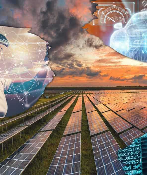 Imagem de uma fazenda solar com imagens sobrepostas de uma grade de linhas de design de carro, um chip semicondutor e uma mulher usando um headset RV.