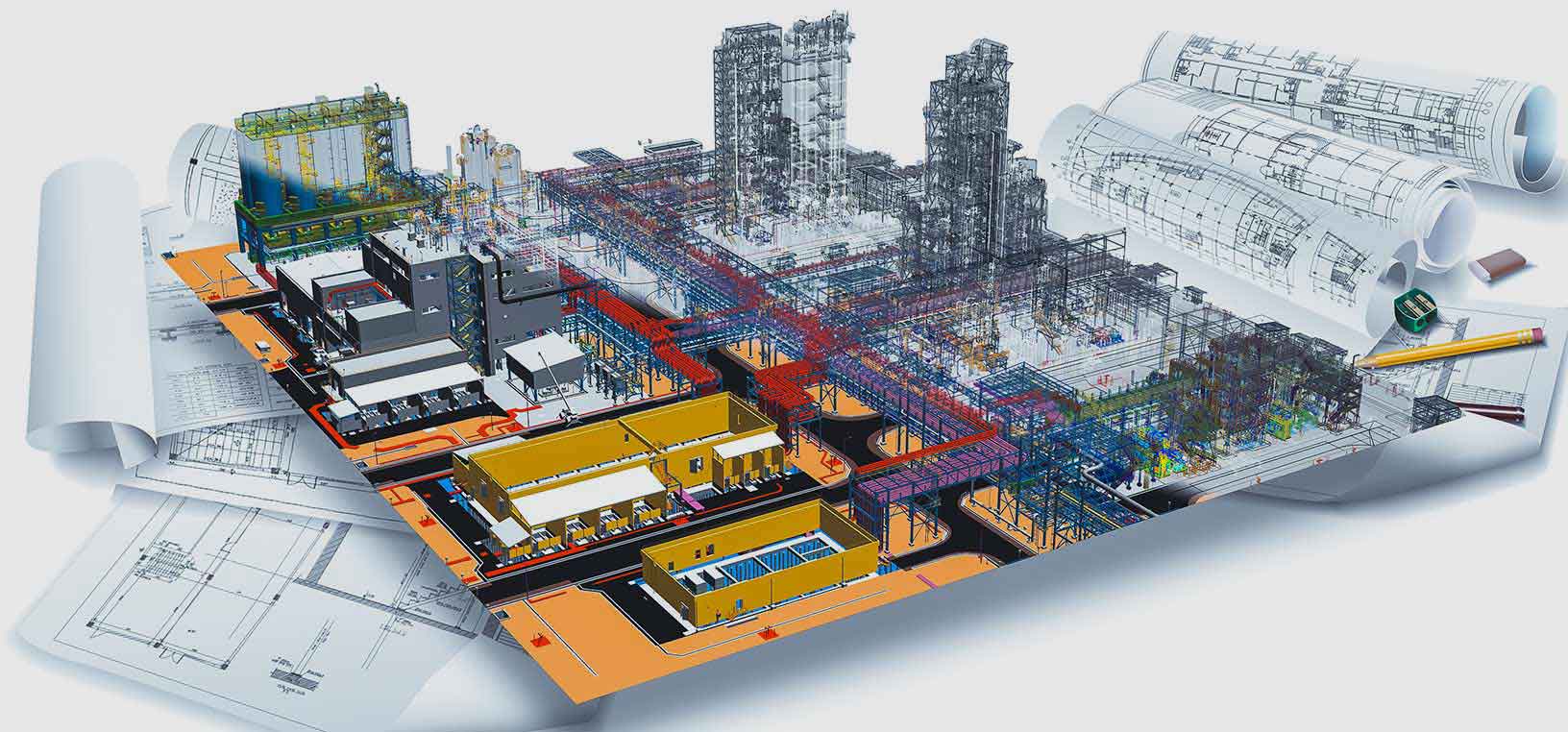 Imagem renderizada em 3D que retrata as diferentes fases do ciclo de vida da construção de uma fábrica, desde o desenho inicial em preto e branco até o modelo completo usando o software da Hexagon