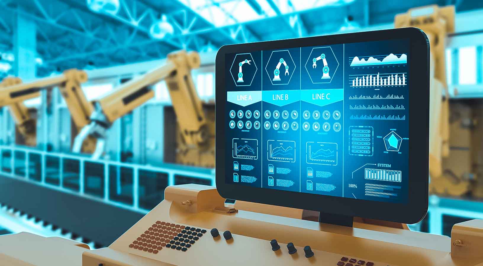 Monitor en línea que muestra información sobre el proceso de fabricación con robots en segundo plano 