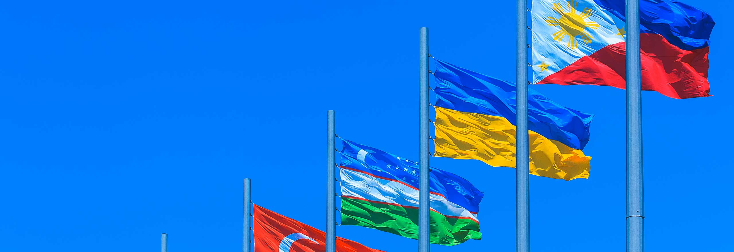 Multi-national flags flying under a blue sky