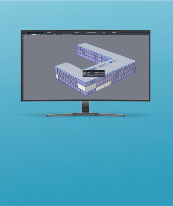 A graphic of a computer showing a software screenshot. The software shows a digital representation of the exterior of a facility.
