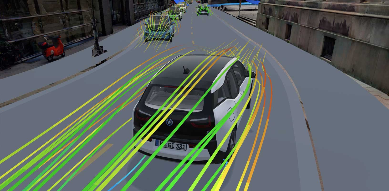 Simulação real de um carro descendo uma rua