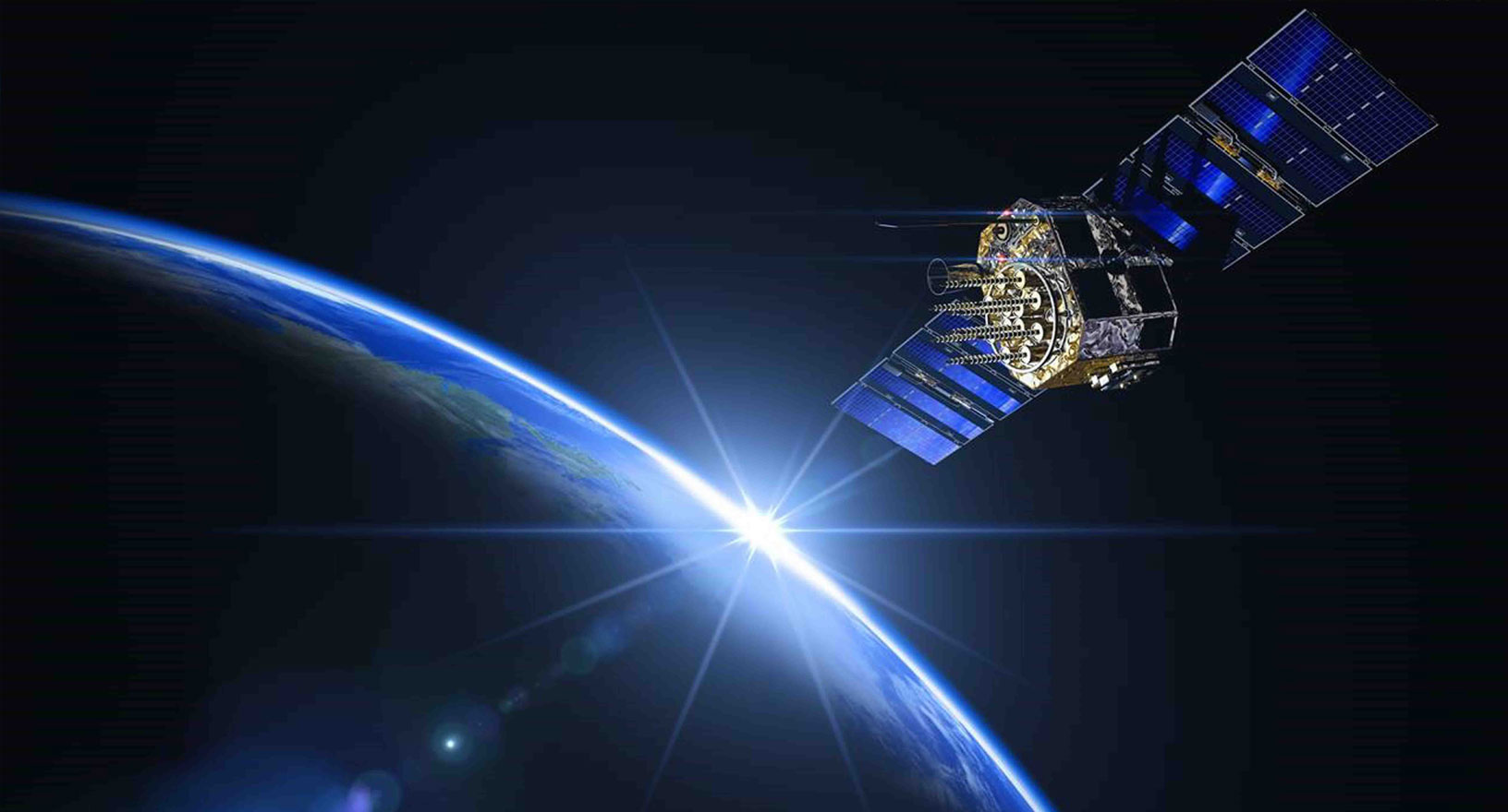 A Global Navigation Satellite System satellite pictured orbiting the Earth in space.