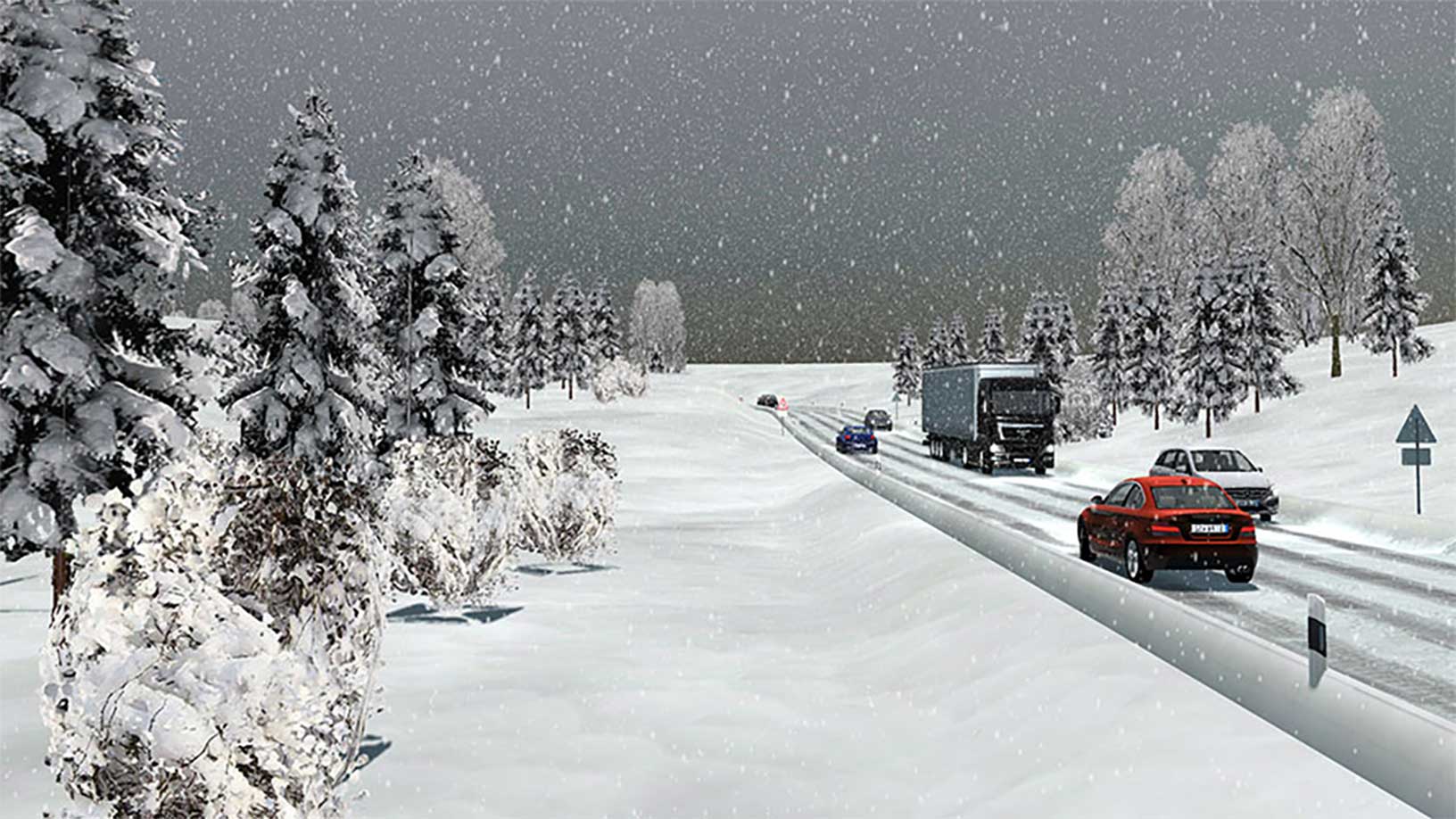寒く雪の降りる状況で走行する車両のシミュレーション