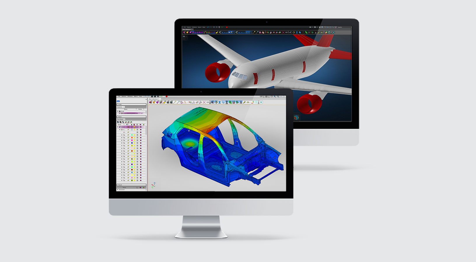 Simulação CAE no MSC Apex mostrando aplicações de análise estrutural no setor automotivo e aeroespacial