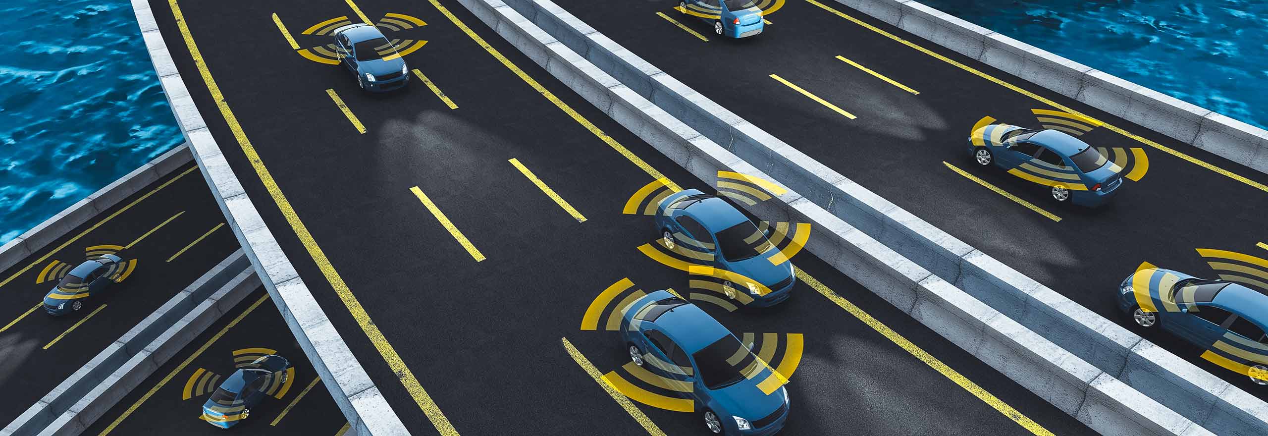 Vehicles driving on a bridge with overlaid orange-and-white autonomous simulation data readout graphics surrounding them