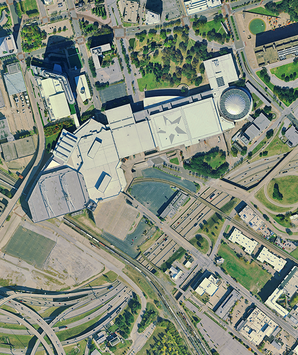 High-resolution aerial imagery of a convention center in Dallas