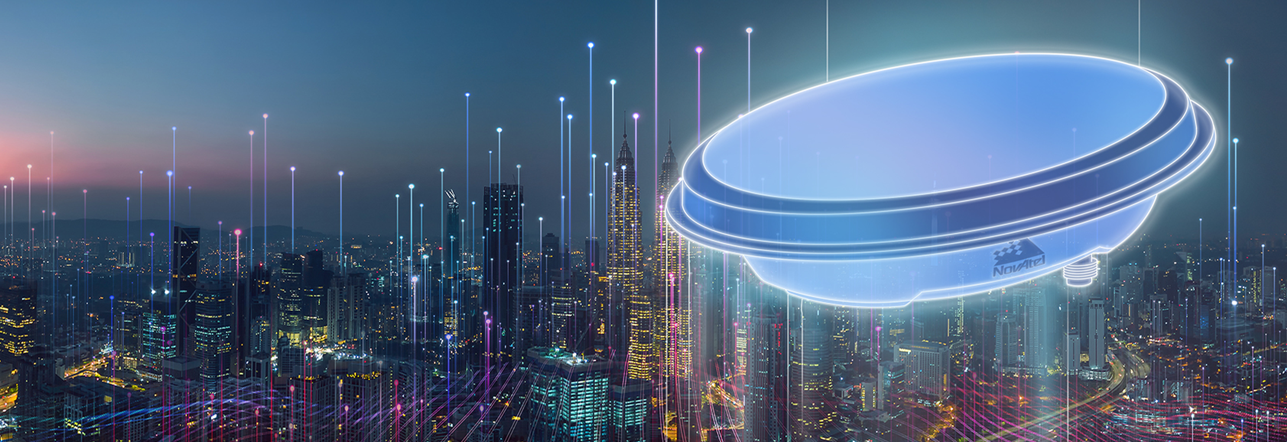 A futuristic city scape with a white NovAtel antenna overtop the image.  