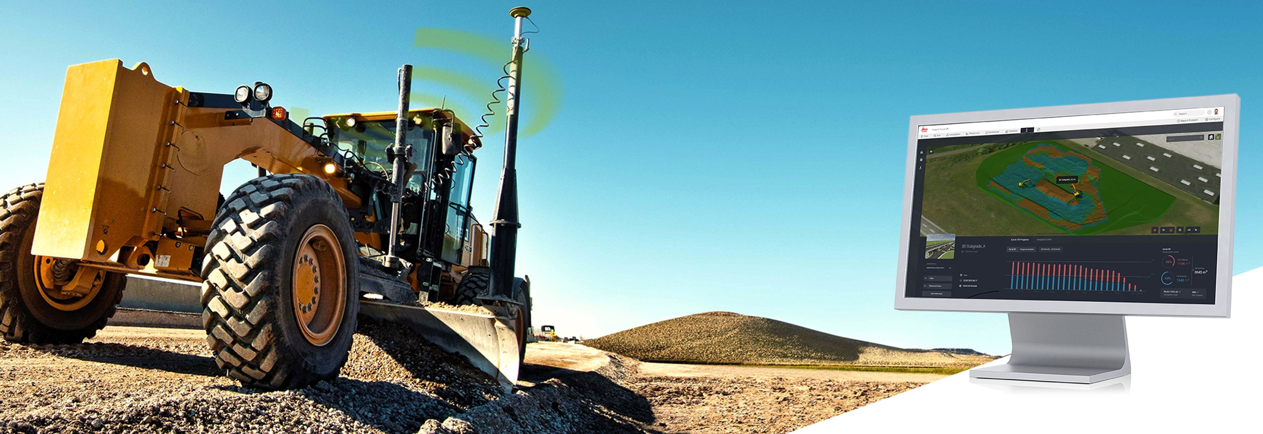 A motor grader parked in front of a mound of dirt with a product shot of the Leica ConX cloud solution and web-based interface running on a desktop computer.