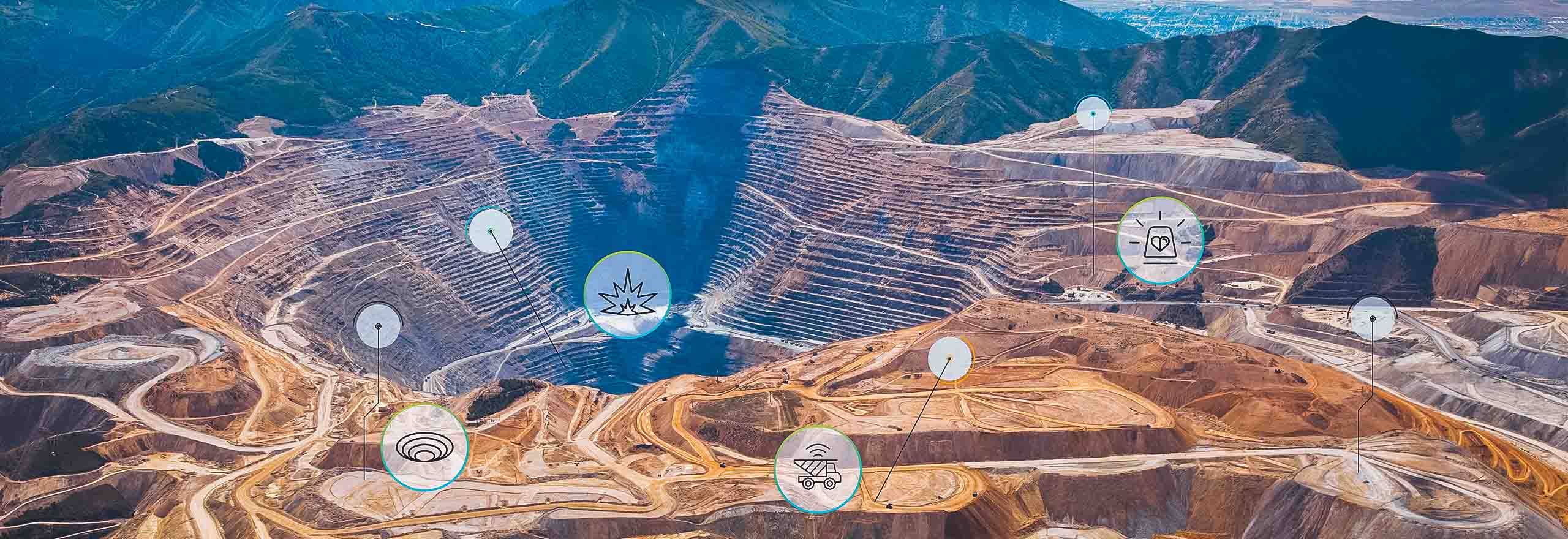 aerial view of open pit mine with tech overlays 